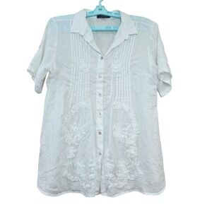 Etichetta Size Small White Linen Top Pintuck Embroidered Floral Abalone Italy